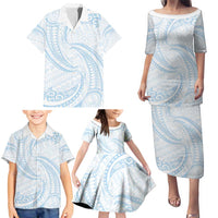 White Sunday Lotu Tamaiti Family Matching Puletasi and Hawaiian Shirt Polynesian Wave Pastel Sky Blue LT9 - Polynesian Pride