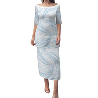 White Sunday Lotu Tamaiti Family Matching Puletasi and Hawaiian Shirt Polynesian Wave Pastel Sky Blue LT9 Mom's Dress Blue - Polynesian Pride