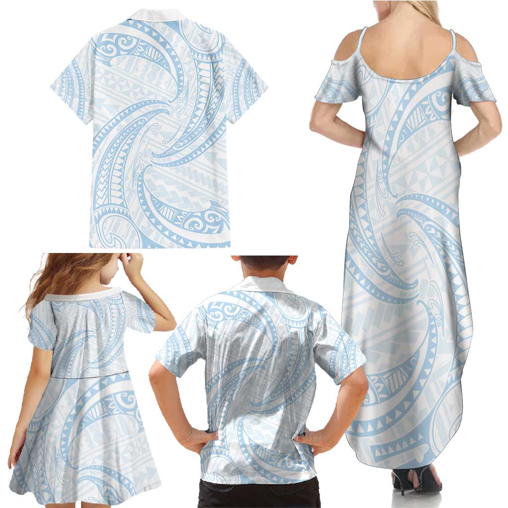 White Sunday Lotu Tamaiti Family Matching Summer Maxi Dress and Hawaiian Shirt Polynesian Wave Pastel Sky Blue LT9 - Polynesian Pride