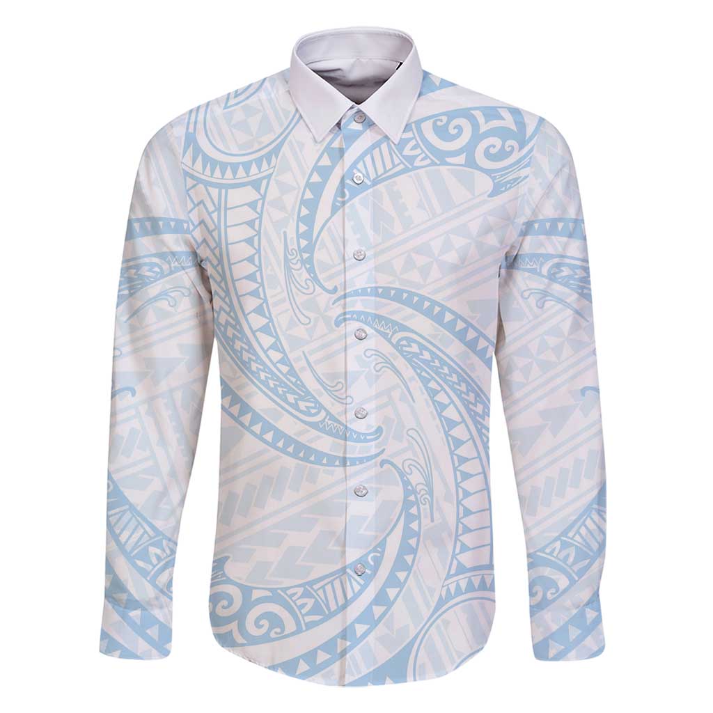 White Sunday Lotu Tamaiti Family Matching Summer Maxi Dress and Hawaiian Shirt Polynesian Wave Pastel Sky Blue LT9 Dad's Shirt - Long Sleeve Blue - Polynesian Pride