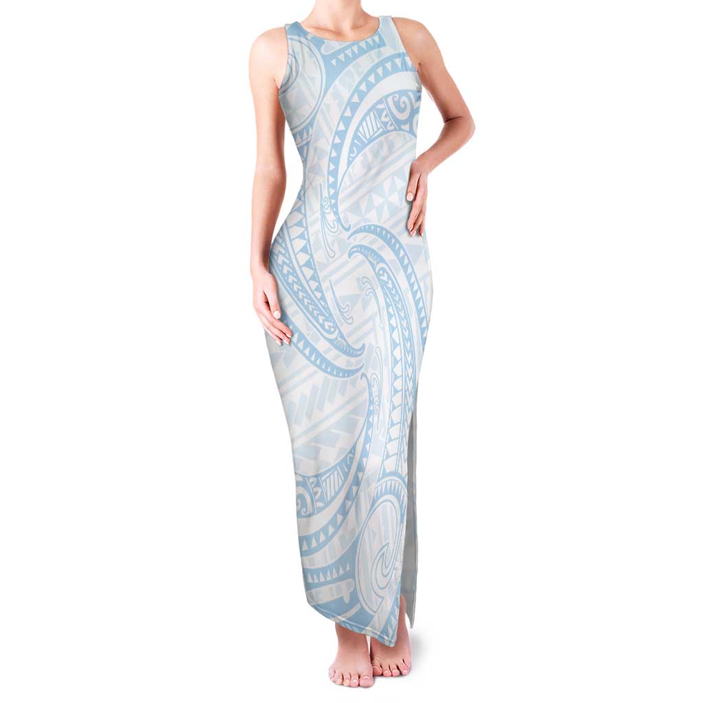 White Sunday Lotu Tamaiti Family Matching Tank Maxi Dress and Hawaiian Shirt Polynesian Wave Pastel Sky Blue LT9 Mom's Dress Blue - Polynesian Pride