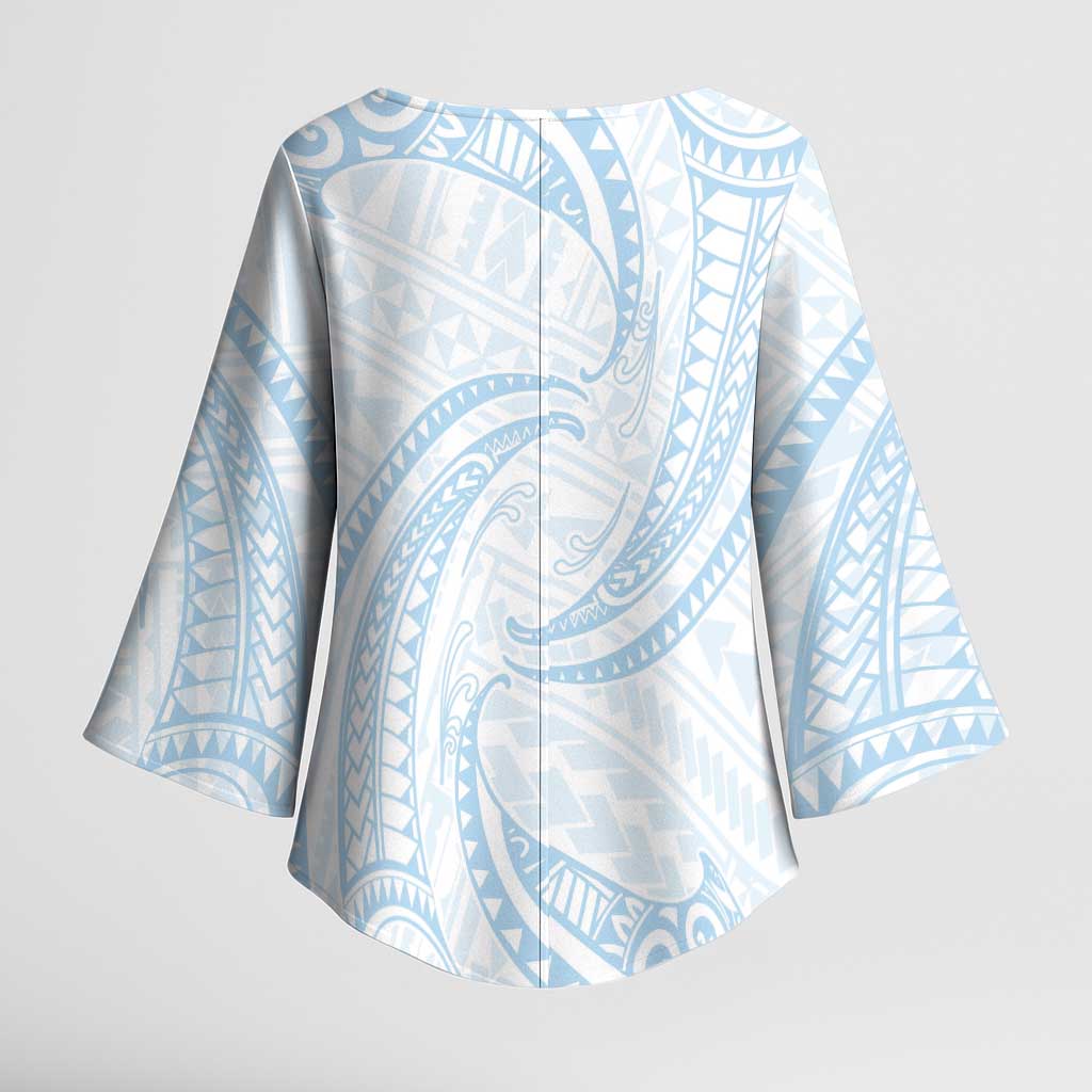 White Sunday Lotu Tamaiti Kimono Sleeve Blouse Polynesian Wave Pastel Sky Blue - Polynesian Pride