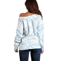White Sunday Lotu Tamaiti Off Shoulder Sweater Polynesian Wave Pastel Sky Blue LT9 - Polynesian Pride