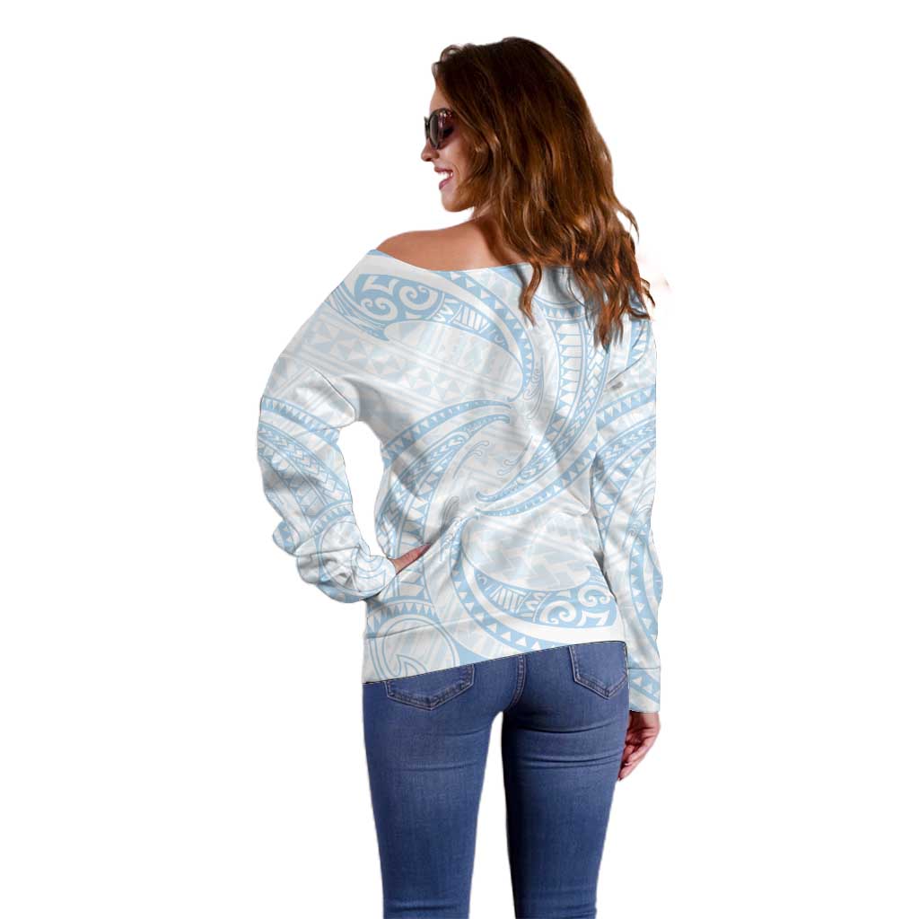 White Sunday Lotu Tamaiti Off Shoulder Sweater Polynesian Wave Pastel Sky Blue LT9 - Polynesian Pride