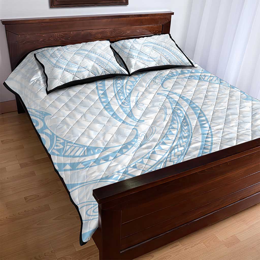 White Sunday Lotu Tamaiti Quilt Bed Set Polynesian Wave Pastel Sky Blue - Polynesian Pride