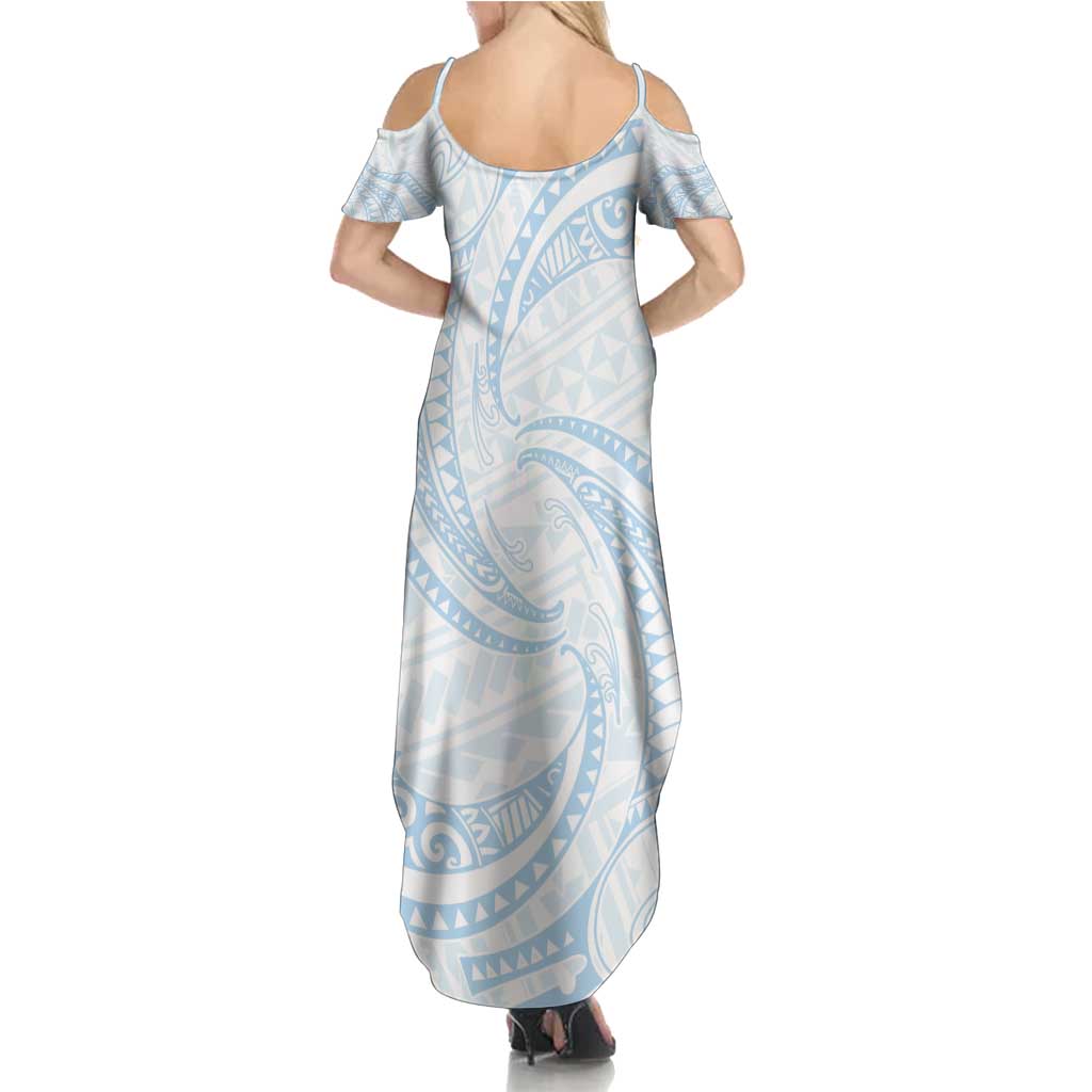 White Sunday Lotu Tamaiti Summer Maxi Dress Polynesian Wave Pastel Sky Blue LT9 - Polynesian Pride