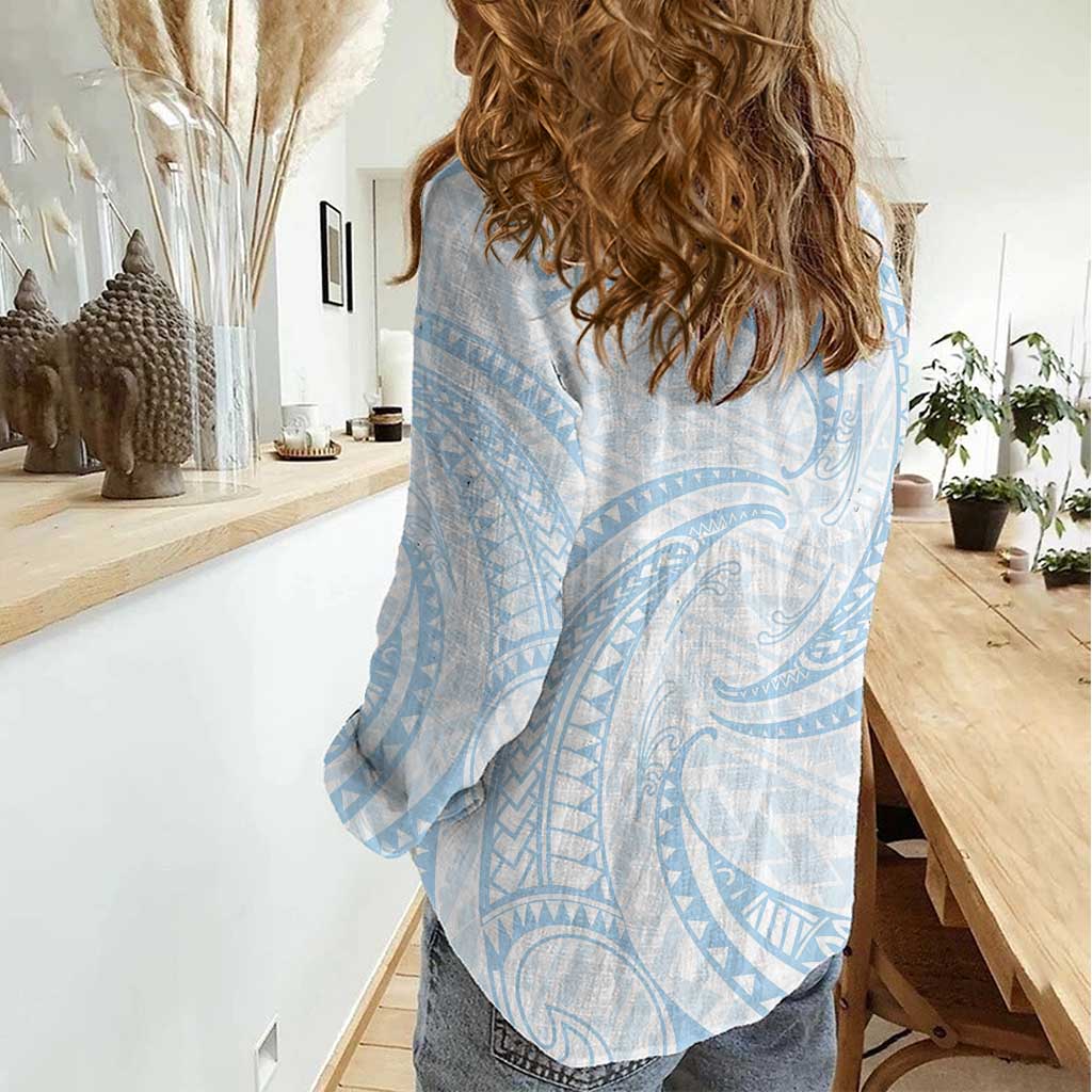 White Sunday Lotu Tamaiti Women Casual Shirt Polynesian Wave Pastel Sky Blue - Polynesian Pride