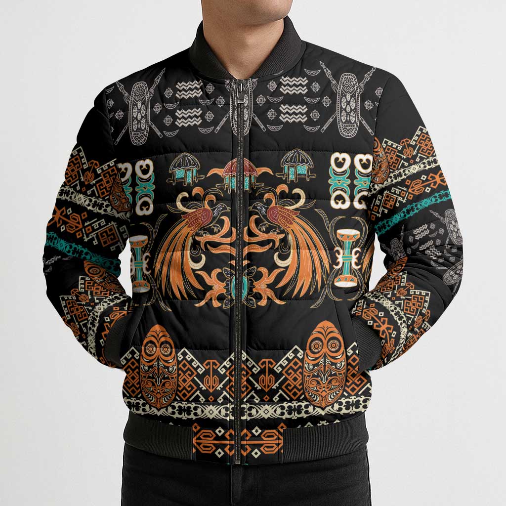 Black Batik Papua-inspired Pattern Bomber Puffer Jacket - Polynesian Pride