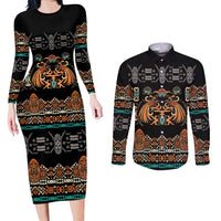Black Batik Papua-inspired Pattern Couples Matching Long Sleeve Bodycon Dress and Long Sleeve Button Shirt - Polynesian Pride