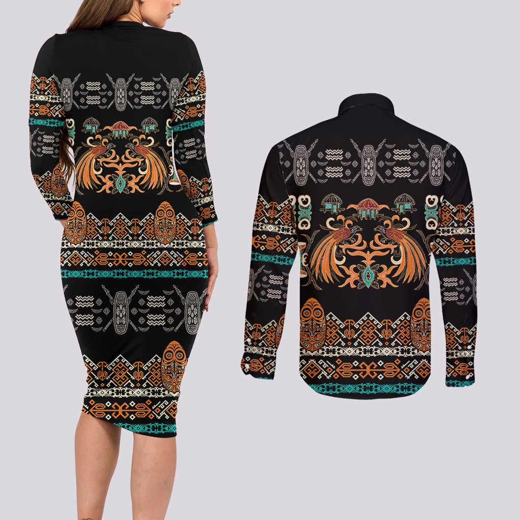 Black Batik Papua-inspired Pattern Couples Matching Long Sleeve Bodycon Dress and Long Sleeve Button Shirt - Polynesian Pride