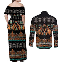 Black Batik Papua-inspired Pattern Couples Matching Off Shoulder Maxi Dress and Long Sleeve Button Shirt - Polynesian Pride
