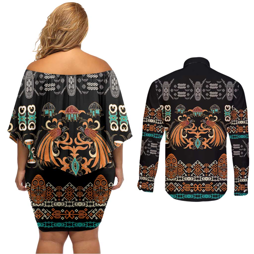 Black Batik Papua-inspired Pattern Couples Matching Off Shoulder Short Dress and Long Sleeve Button Shirt - Polynesian Pride