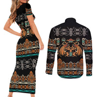 Black Batik Papua-inspired Pattern Couples Matching Short Sleeve Bodycon Dress and Long Sleeve Button Shirt LT9 - Polynesian Pride