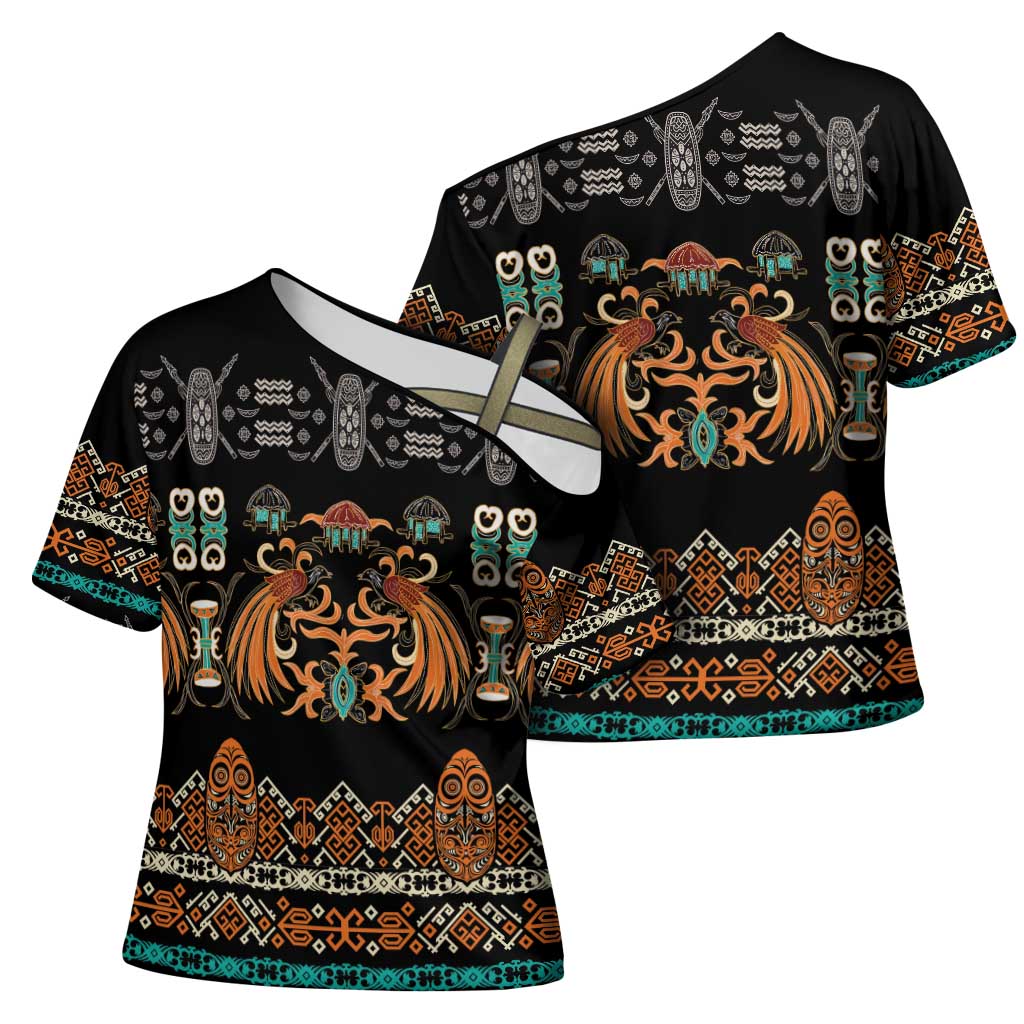 Black Batik Papua-inspired Pattern Cross Shoulder Shirt - Polynesian Pride