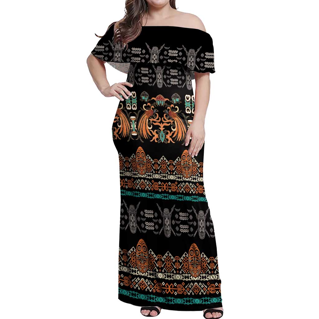 Black Batik Papua-inspired Pattern Off Shoulder Maxi Dress - Polynesian Pride