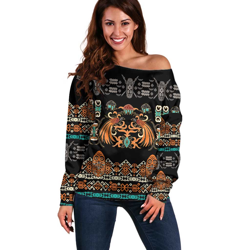 Black Batik Papua-inspired Pattern Off Shoulder Sweater LT9 Women Black - Polynesian Pride