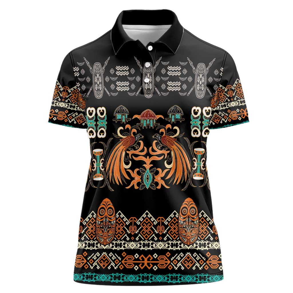 Black Batik Papua-inspired Pattern Women Polo Shirt LT9 Female Black - Polynesian Pride
