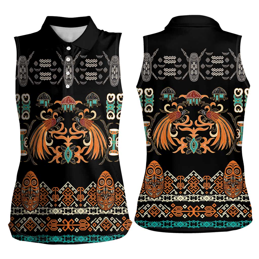 Black Batik Papua-inspired Pattern Women Sleeveless Polo Shirt - Polynesian Pride