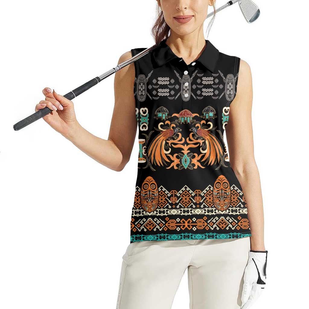 Black Batik Papua-inspired Pattern Women Sleeveless Polo Shirt - Polynesian Pride