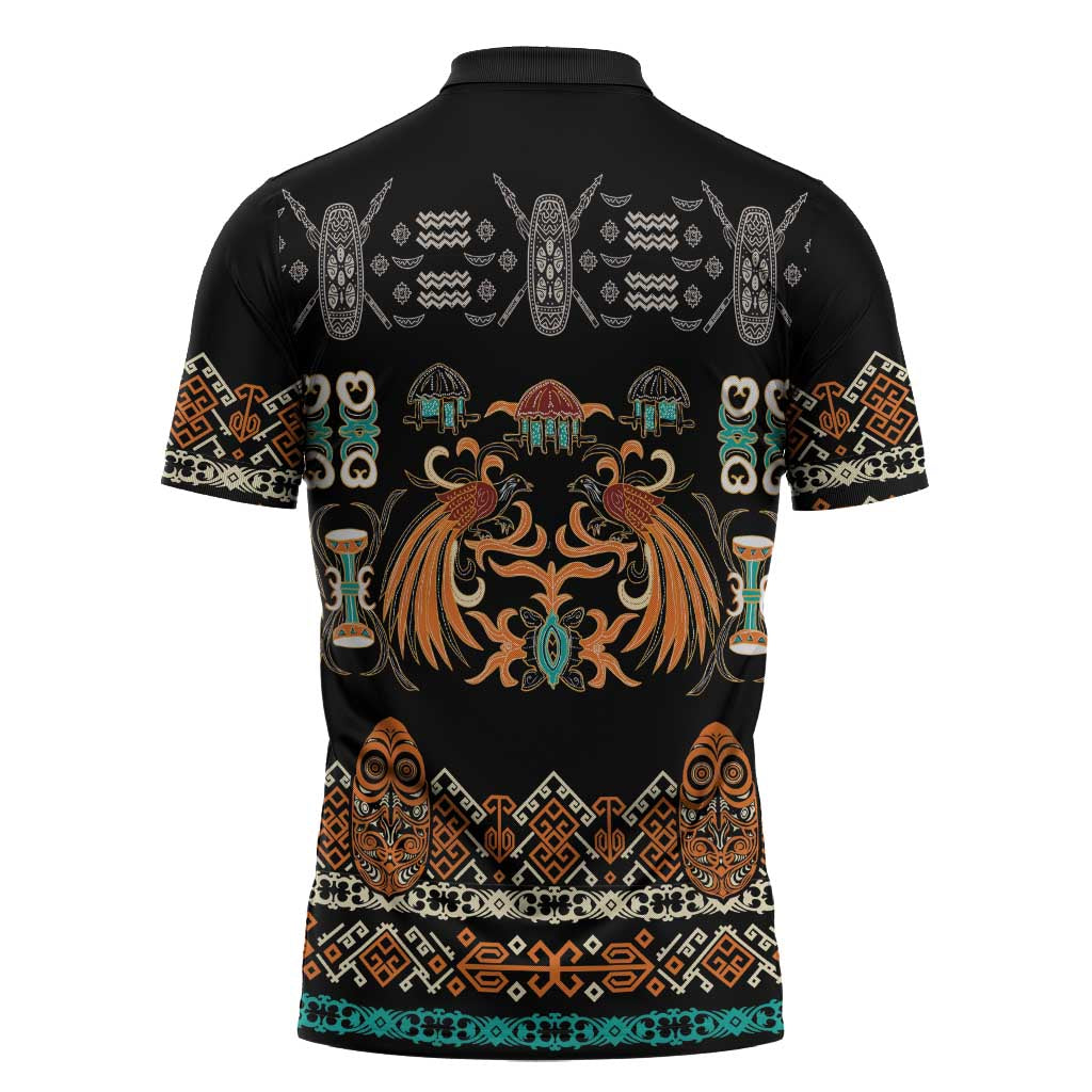 Black Batik Papua-inspired Pattern Zipper Polo Shirt - Polynesian Pride