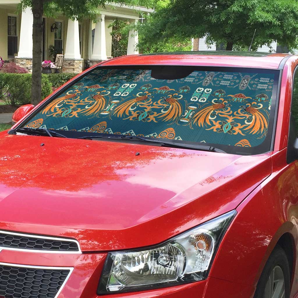 Dark Cyan Blue Batik Papua-inspired Pattern Auto Sun Shade - Polynesian Pride