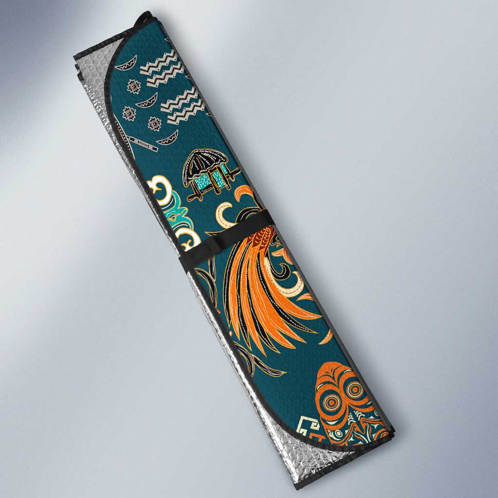 Dark Cyan Blue Batik Papua-inspired Pattern Auto Sun Shade - Polynesian Pride