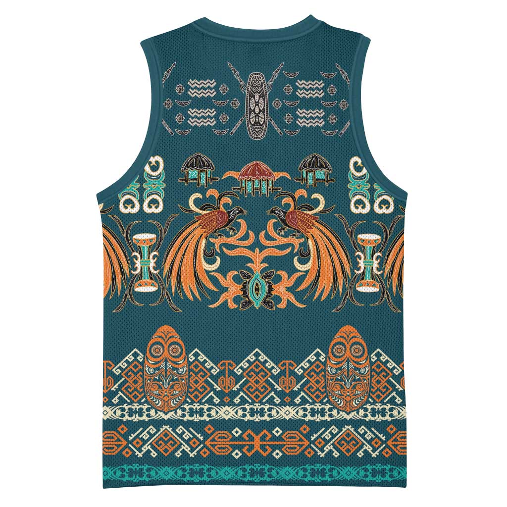Dark Cyan Blue Batik Papua-inspired Pattern Basketball Jersey - Polynesian Pride