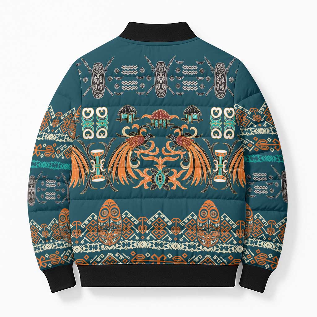 Dark Cyan Blue Batik Papua-inspired Pattern Bomber Puffer Jacket - Polynesian Pride