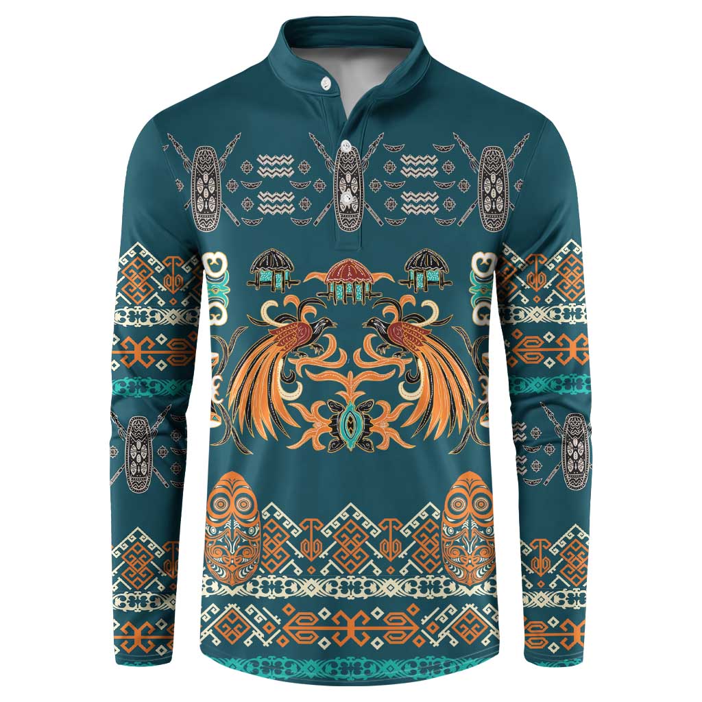 Dark Cyan Blue Batik Papua-inspired Pattern Button Sweatshirt - Polynesian Pride