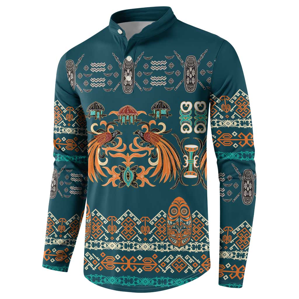 Dark Cyan Blue Batik Papua-inspired Pattern Button Sweatshirt - Polynesian Pride