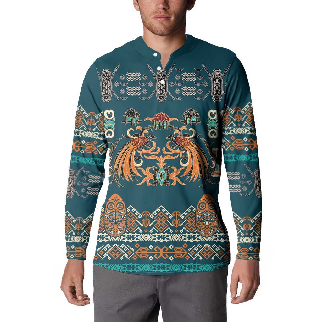 Dark Cyan Blue Batik Papua-inspired Pattern Button Sweatshirt - Polynesian Pride