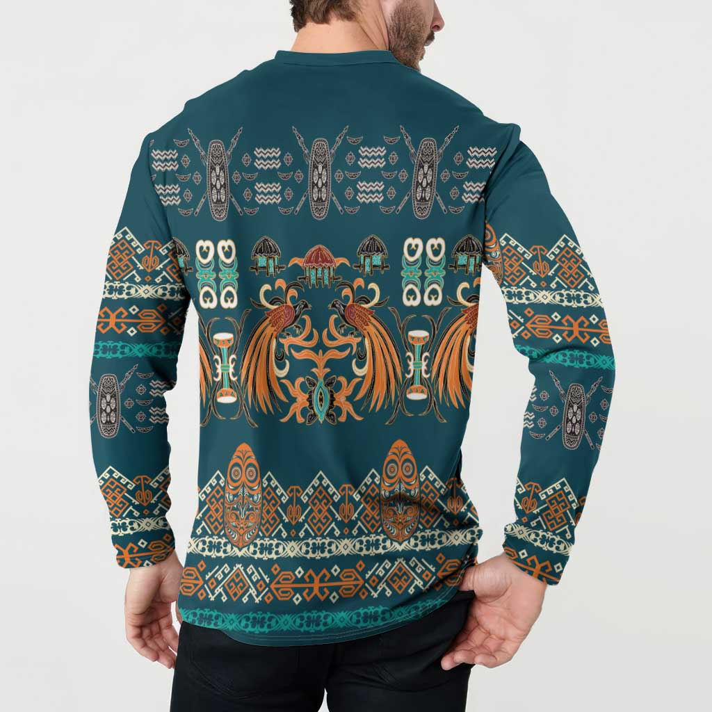 Dark Cyan Blue Batik Papua-inspired Pattern Button Sweatshirt - Polynesian Pride
