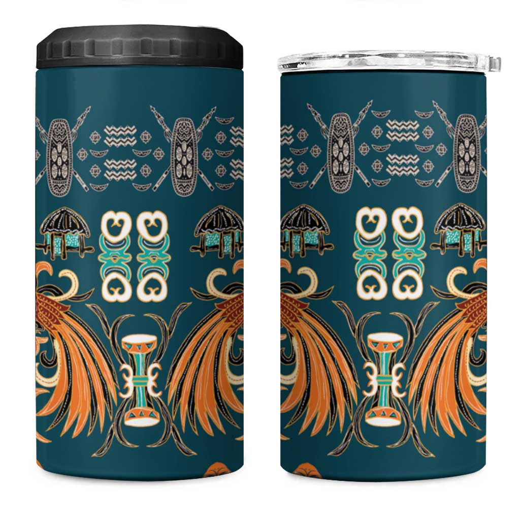 Dark Cyan Blue Batik Papua-inspired Pattern 4 in 1 Can Cooler Tumbler LT9 One Size: 16 oz Blue - Polynesian Pride