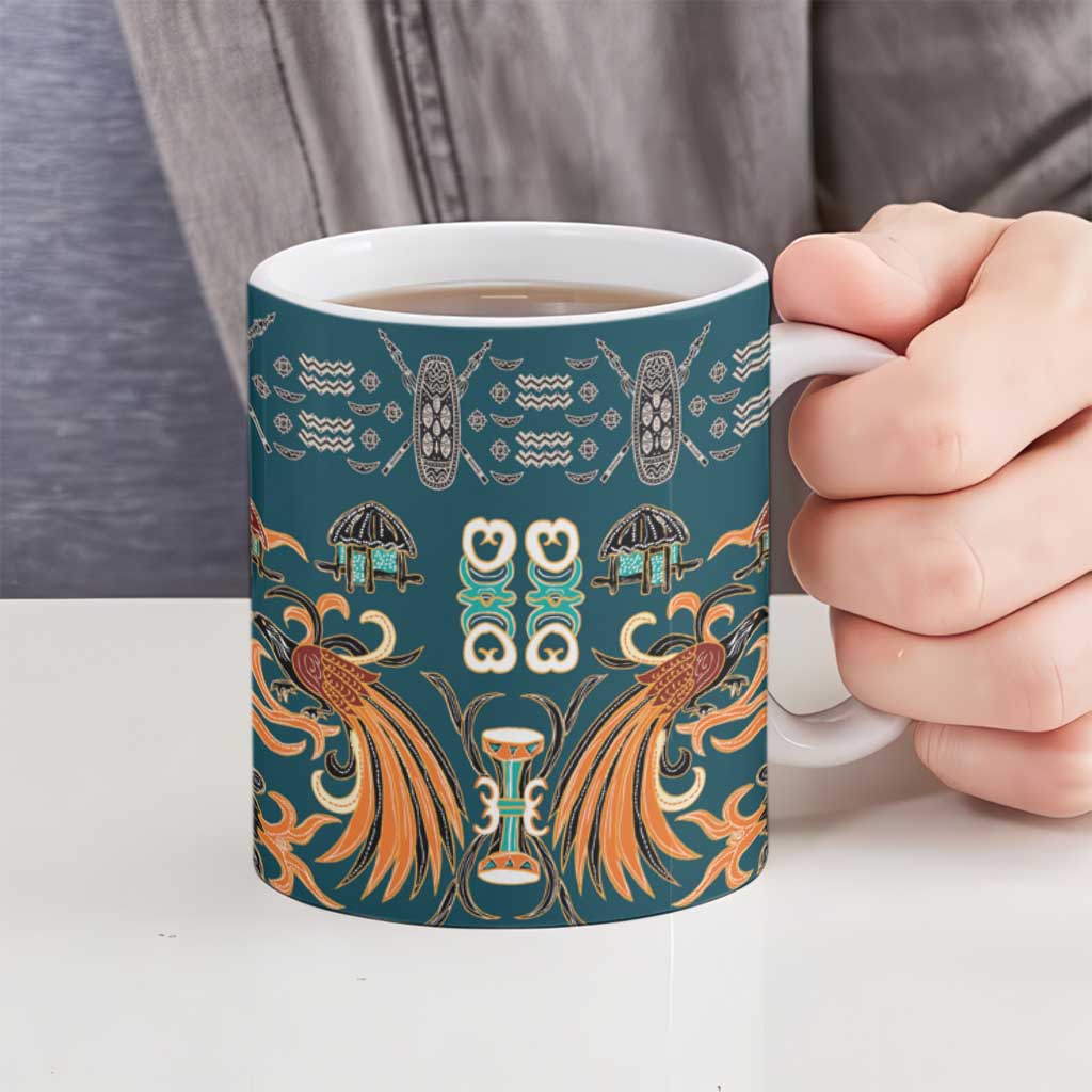 Dark Cyan Blue Batik Papua-inspired Pattern Ceramic Mug - Polynesian Pride