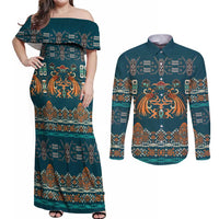 Dark Cyan Blue Batik Papua-inspired Pattern Couples Matching Off Shoulder Maxi Dress and Long Sleeve Button Shirt LT9 Blue - Polynesian Pride
