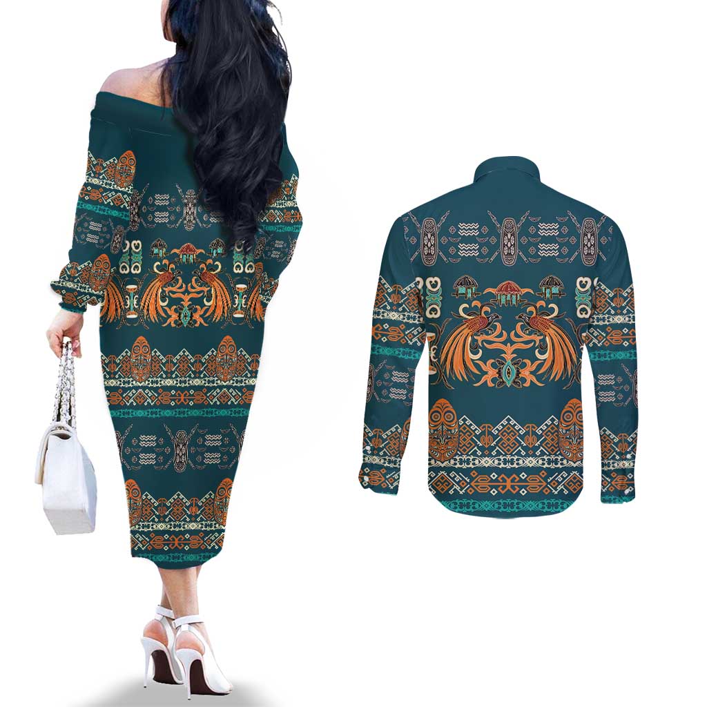 Dark Cyan Blue Batik Papua-inspired Pattern Couples Matching Off The Shoulder Long Sleeve Dress and Long Sleeve Button Shirt - Polynesian Pride