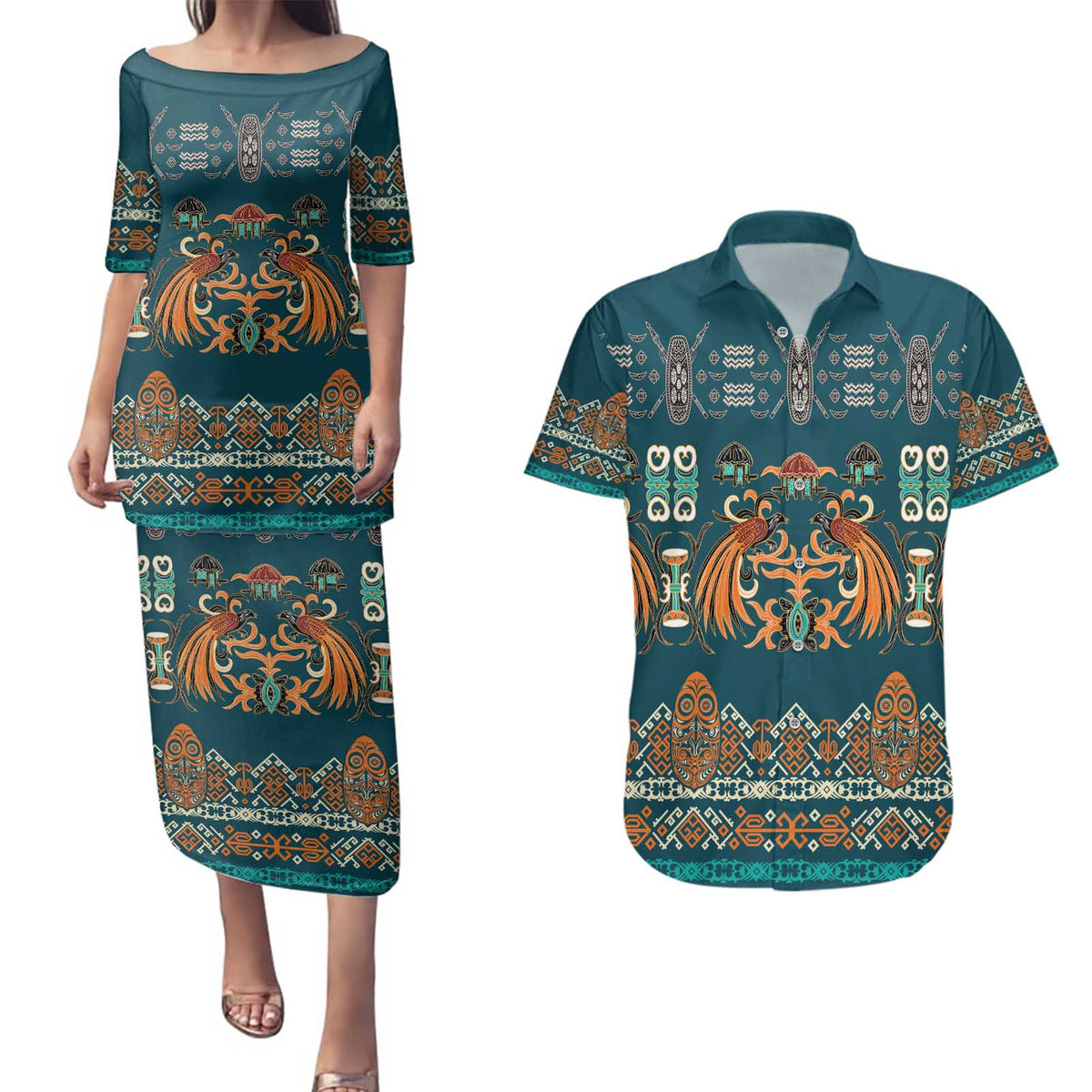 Dark Cyan Blue Batik Papua-inspired Pattern Couples Matching Puletasi and Hawaiian Shirt - Polynesian Pride