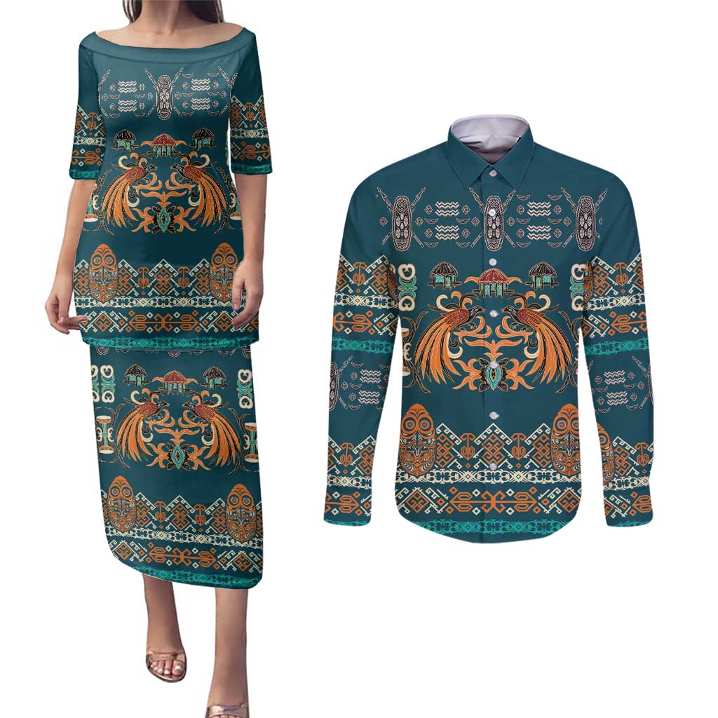 Dark Cyan Blue Batik Papua-inspired Pattern Couples Matching Puletasi and Long Sleeve Button Shirt - Polynesian Pride