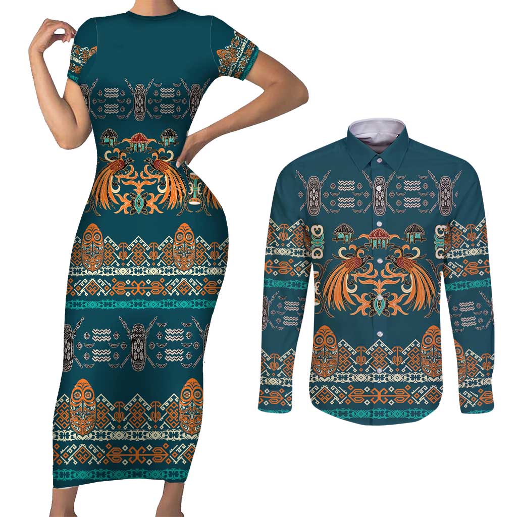 Dark Cyan Blue Batik Papua-inspired Pattern Couples Matching Short Sleeve Bodycon Dress and Long Sleeve Button Shirt - Polynesian Pride