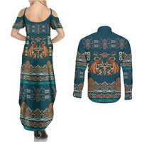 Dark Cyan Blue Batik Papua-inspired Pattern Couples Matching Summer Maxi Dress and Long Sleeve Button Shirt LT9 - Polynesian Pride