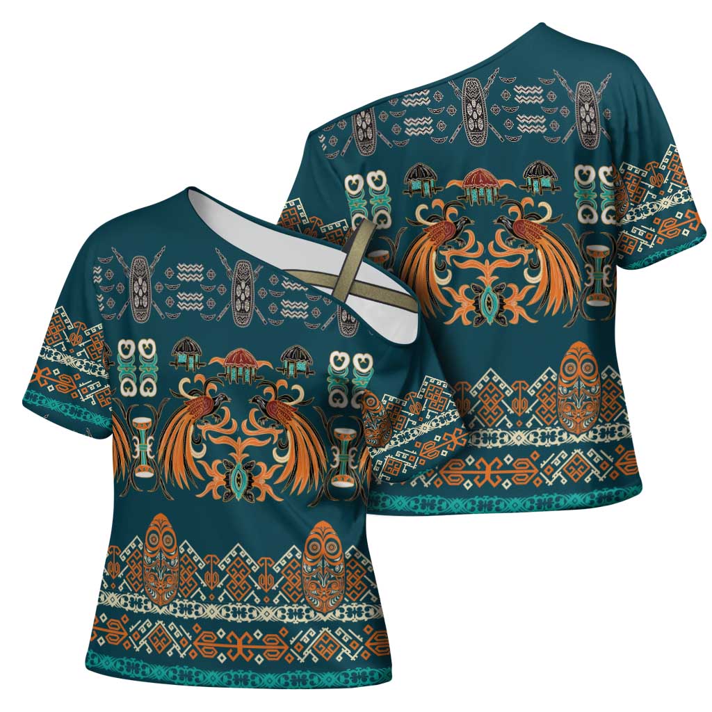 Dark Cyan Blue Batik Papua-inspired Pattern Cross Shoulder Shirt - Polynesian Pride