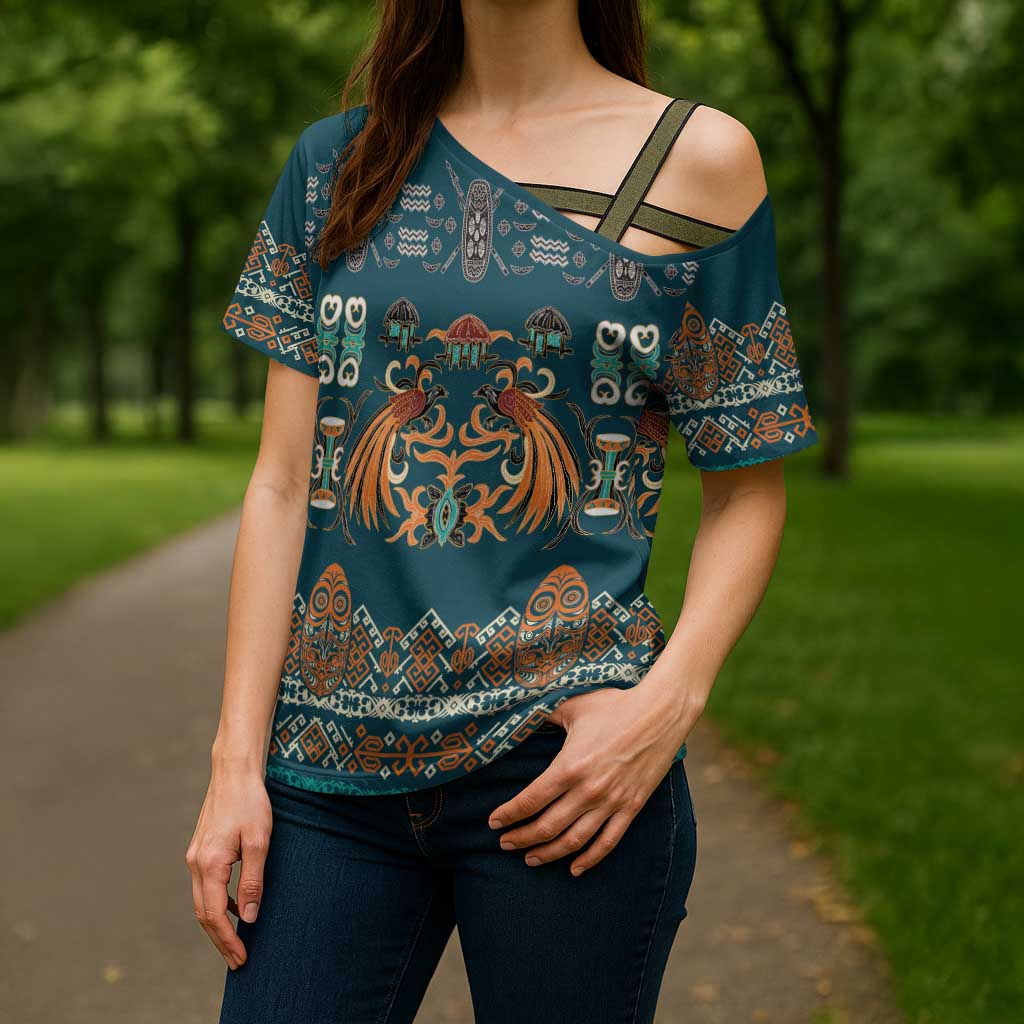 Dark Cyan Blue Batik Papua-inspired Pattern Cross Shoulder Shirt - Polynesian Pride
