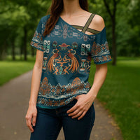 Dark Cyan Blue Batik Papua-inspired Pattern Cross Shoulder Shirt - Polynesian Pride