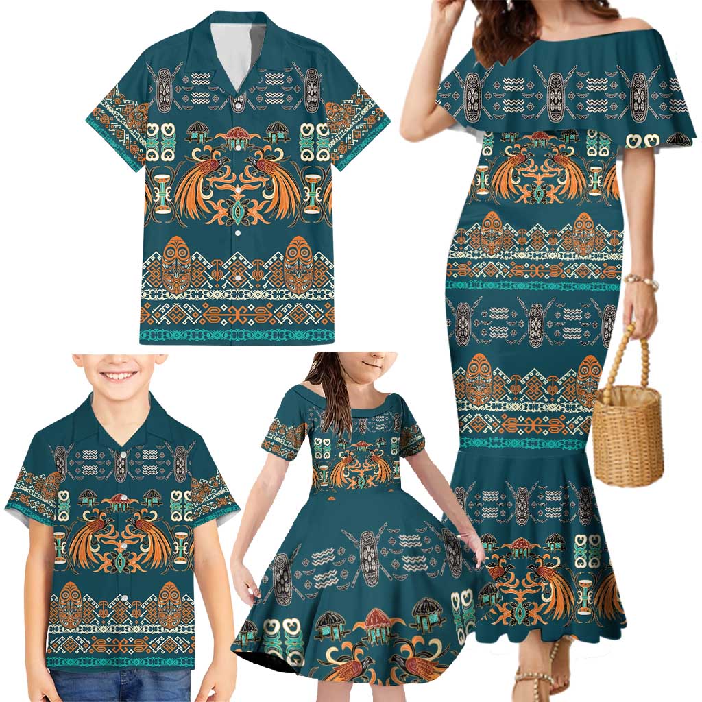 Dark Cyan Blue Batik Papua-inspired Pattern Family Matching Mermaid Dress and Hawaiian Shirt LT9 - Polynesian Pride