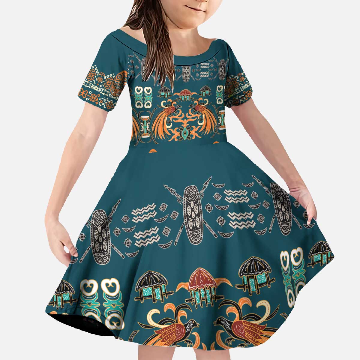 Dark Cyan Blue Batik Papua-inspired Pattern Family Matching Off The Shoulder Long Sleeve Dress and Hawaiian Shirt - Polynesian Pride