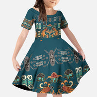 Dark Cyan Blue Batik Papua-inspired Pattern Family Matching Off The Shoulder Long Sleeve Dress and Hawaiian Shirt - Polynesian Pride