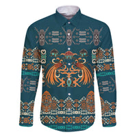 Dark Cyan Blue Batik Papua-inspired Pattern Family Matching Off The Shoulder Long Sleeve Dress and Hawaiian Shirt - Polynesian Pride