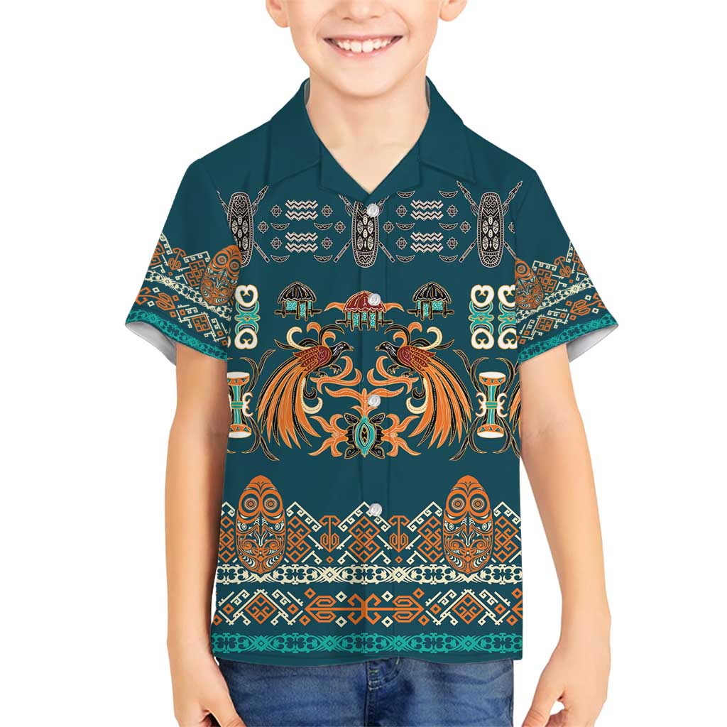 Dark Cyan Blue Batik Papua-inspired Pattern Family Matching Off Shoulder Maxi Dress and Hawaiian Shirt - Polynesian Pride