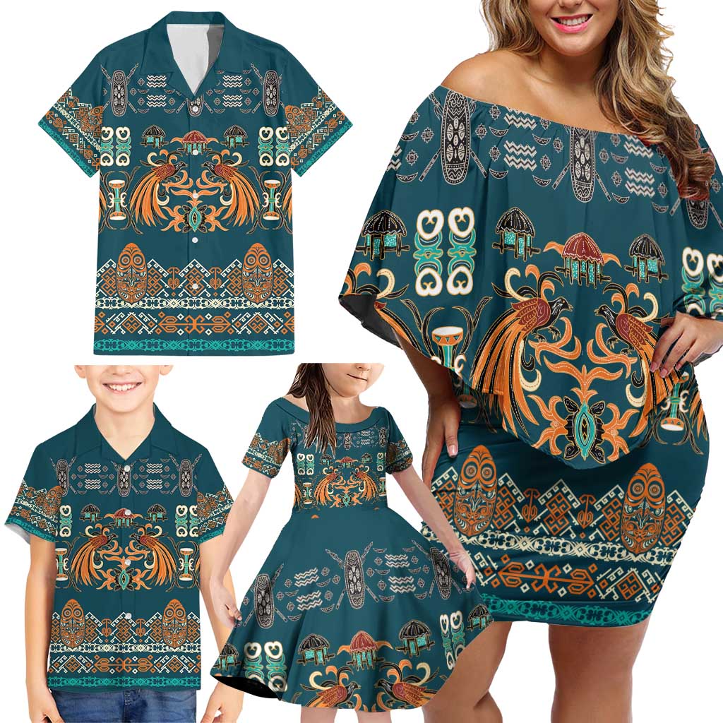 Dark Cyan Blue Batik Papua-inspired Pattern Family Matching Off Shoulder Short Dress and Hawaiian Shirt LT9 - Polynesian Pride