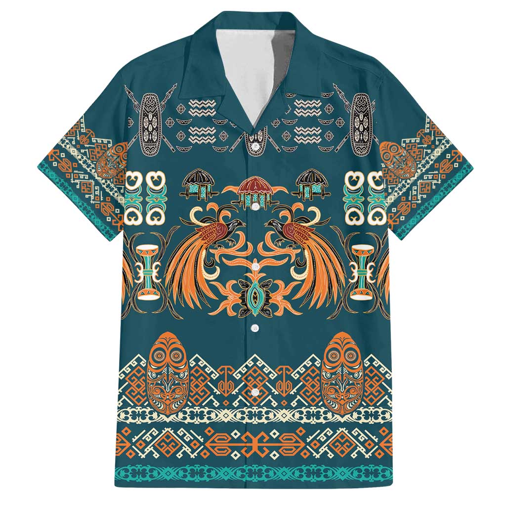 Dark Cyan Blue Batik Papua-inspired Pattern Family Matching Off Shoulder Short Dress and Hawaiian Shirt - Polynesian Pride